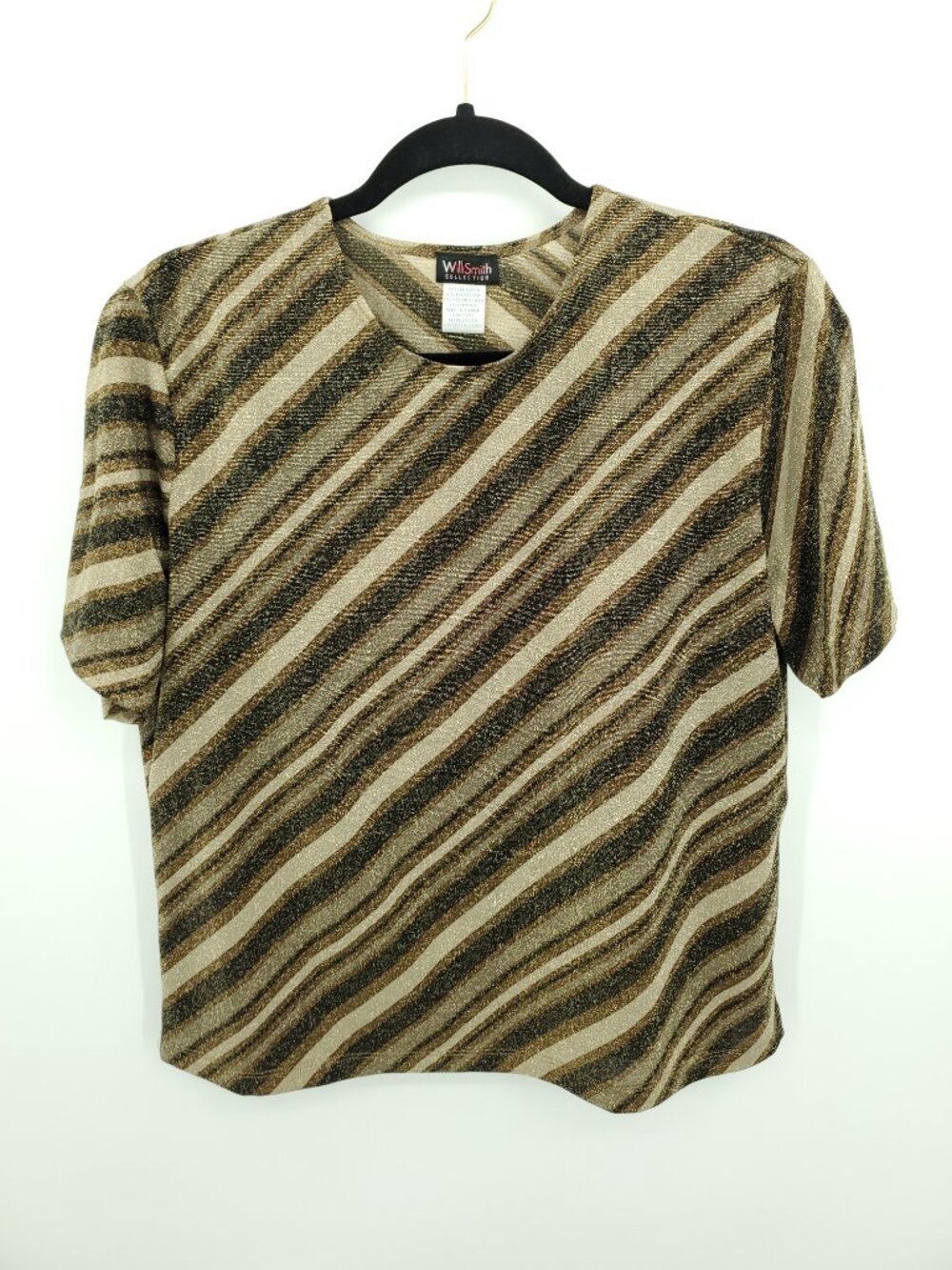 VTG 90s WilliSmith Stretch Lurex Metallic Striped Crew Neck Short Sleeve Top XL